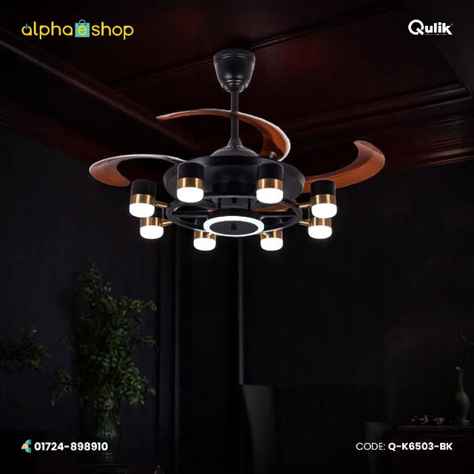 Qulik 48-inch black ceiling fan featuring a modern multi-bulb industrial LED chandelier light fixture and extended brown retractable blades.