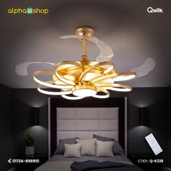 Qulik 48-inch golden retractable blade ceiling fan featuring a modern overlapping curved ribbon LED chandelier fixture and remote control.