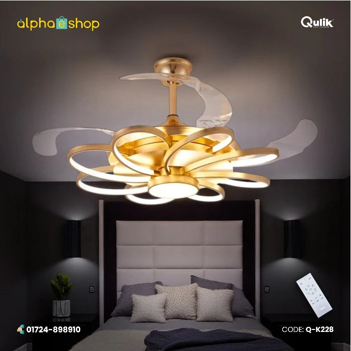 Qulik 48-inch golden retractable blade ceiling fan featuring a modern starburst linear LED chandelier with remote control.