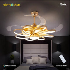 Qulik 48-inch golden retractable blade ceiling fan featuring a modern starburst linear LED chandelier with remote control.