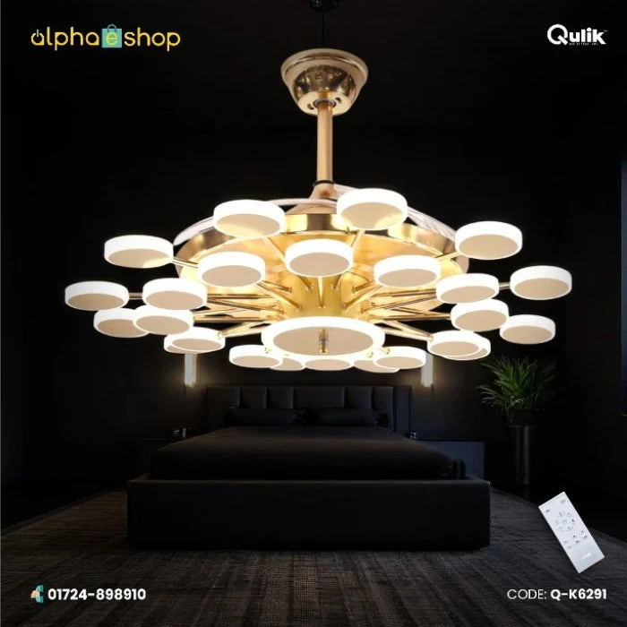 Qulik 48-inch golden retractable blade ceiling fan featuring a modern multi-disc layered LED chandelier fixture and remote control.