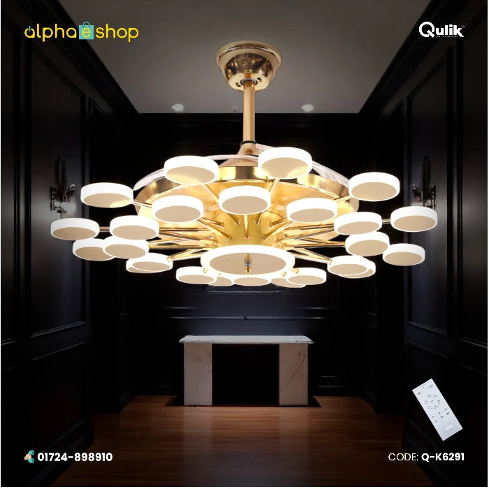 Qulik 48-inch golden retractable blade ceiling fan featuring a modern multi-disc layered LED chandelier light fixture.