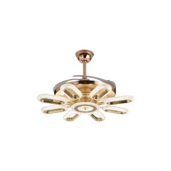 Qulik 48-inch golden ceiling fan featuring a modern oval-loop crystal LED chandelier with extended retractable blades.