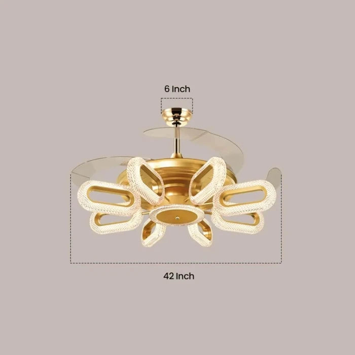 Qulik golden ceiling fan dimensions infographic showing a 42-inch crystal LED chandelier light fixture width and a 6-inch ceiling canopy mount.