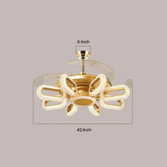 Qulik golden ceiling fan dimensions infographic showing a 42-inch crystal LED chandelier light fixture width and a 6-inch ceiling canopy mount.