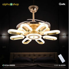 Qulik 48-inch golden ceiling fan with a modern oval-loop crystal LED chandelier fixture and invisible retractable blades.
