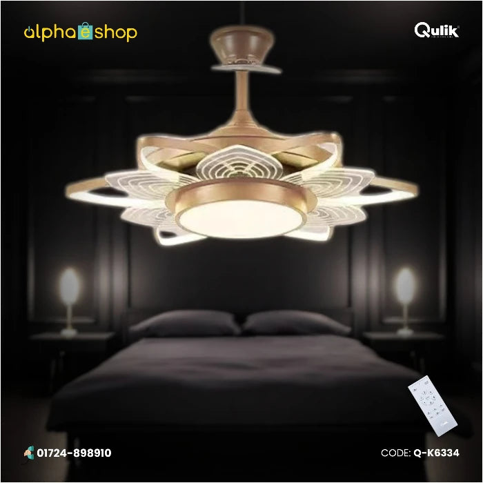Qulik 48-inch golden ceiling fan featuring a modern lotus-shaped LED chandelier fixture with invisible retractable blades and a remote control.