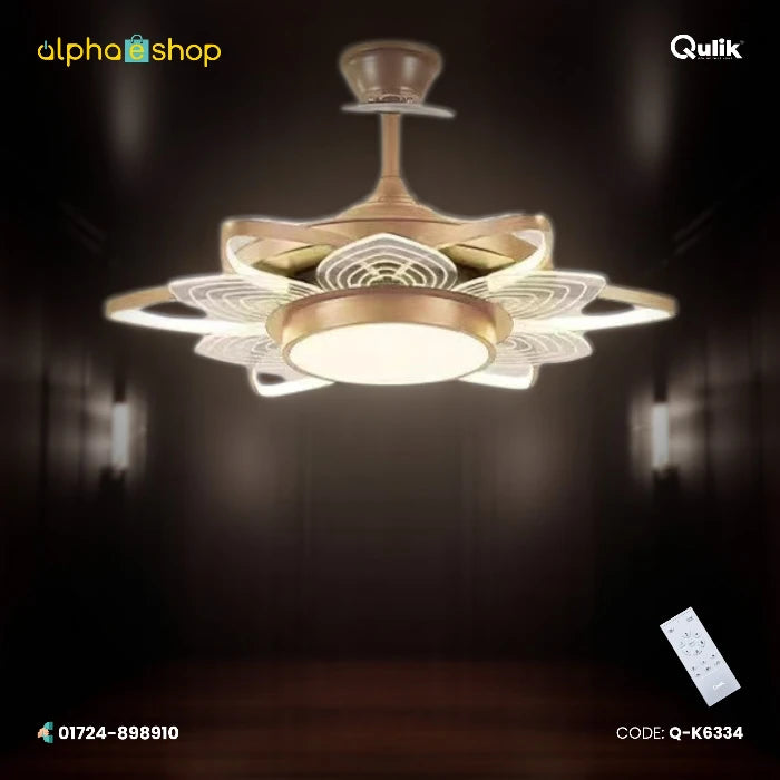 Qulik 48-inch golden ceiling fan featuring a modern layered lotus-petal LED chandelier light fixture and invisible retractable blades.