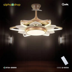 Qulik 48-inch golden ceiling fan featuring a modern layered lotus-petal LED chandelier light fixture and invisible retractable blades.