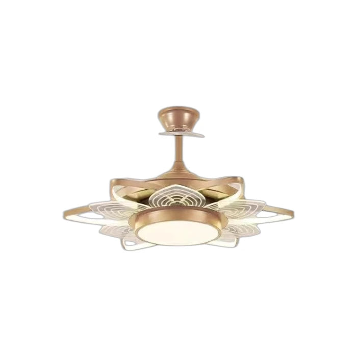Qulik 48-inch golden ceiling fan featuring a lotus flower-shaped LED chandelier light fixture and retractable blades over a white background.