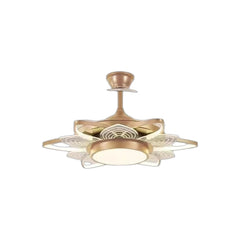 Qulik 48-inch golden ceiling fan featuring a lotus flower-shaped LED chandelier light fixture and retractable blades over a white background.