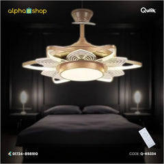 Qulik 48-inch golden ceiling fan featuring a modern lotus-shaped LED chandelier fixture with invisible retractable blades and a remote control.