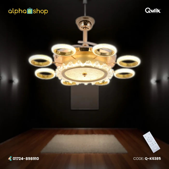 Qulik 48-inch golden retractable blade ceiling fan featuring a modern halo and circular crystal LED chandelier light fixture.