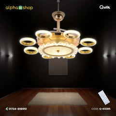 Qulik 48-inch golden retractable blade ceiling fan featuring a modern halo and circular crystal LED chandelier light fixture.