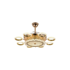 Qulik 48-inch golden ceiling fan featuring a halo and circular crystal LED chandelier fixture with folded invisible blades over a white background.
