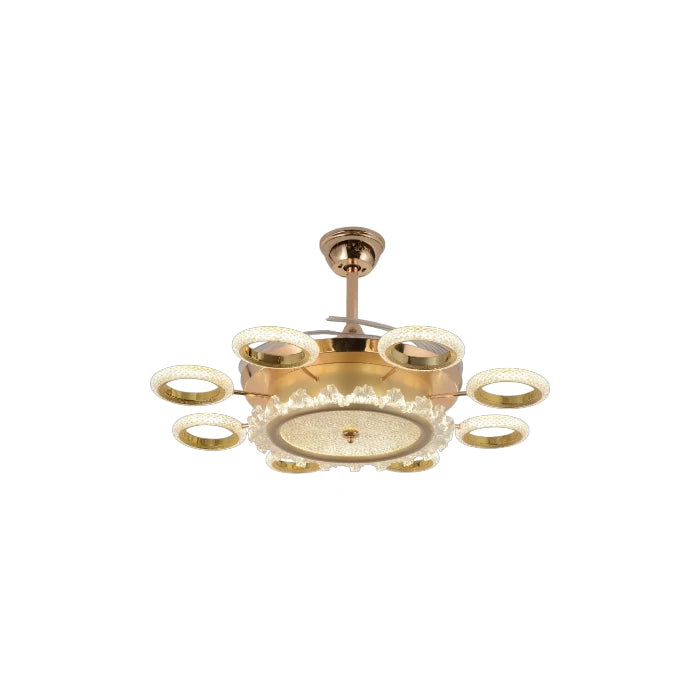 Qulik 48-inch golden ceiling fan featuring a halo and circular crystal LED chandelier fixture with folded invisible blades over a white background.