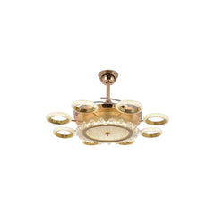 Qulik 48-inch golden ceiling fan featuring a halo and circular crystal LED chandelier fixture with folded invisible blades over a white background.