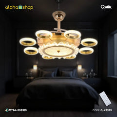 Qulik 48-inch golden retractable blade ceiling fan featuring a modern halo and circular crystal LED chandelier fixture with remote control.