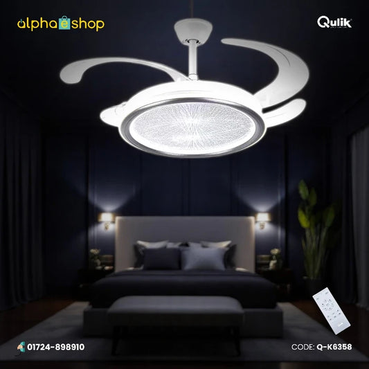 Qulik 48-inch white ceiling fan featuring an extended retractable blade design and a round glittering LED chandelier light fixture.