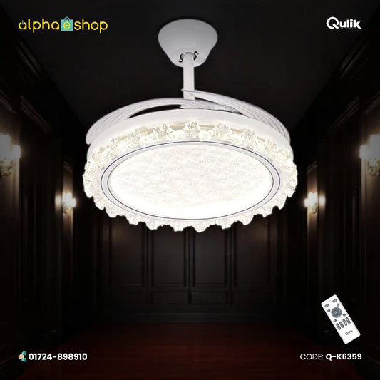 Qulik 48-inch white ceiling fan featuring a round crystal-rimmed LED chandelier fixture and retractable blades with remote control.