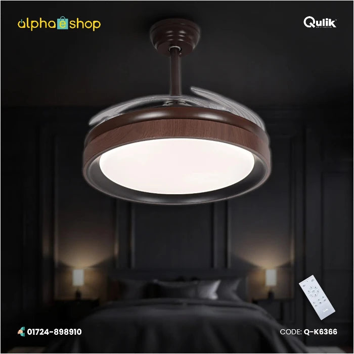 Qulik 48-inch wooden ceiling fan featuring a round LED chandelier light fixture and clear retractable blades with remote control.