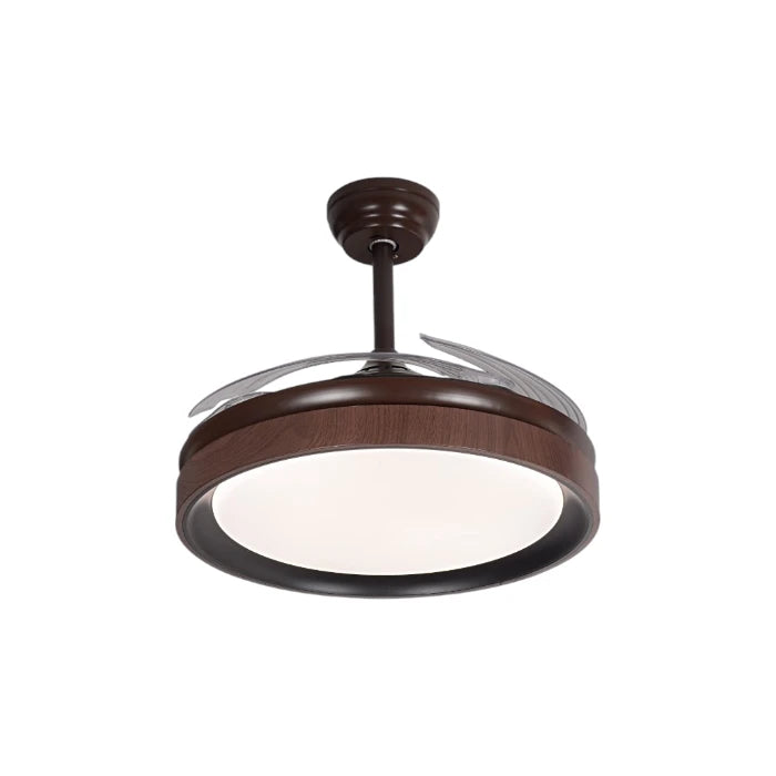 Qulik 48-inch wooden ceiling fan featuring a round LED light fixture and clear retractable blades over a white background.