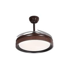 Qulik 48-inch wooden ceiling fan featuring a round LED light fixture and clear retractable blades over a white background.