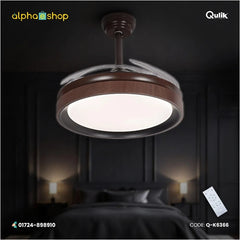 Qulik 48-inch wooden ceiling fan featuring a round LED chandelier light fixture and clear retractable blades with remote control.