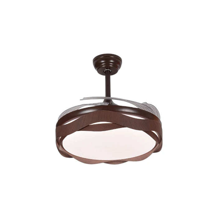 Qulik 48-inch wooden ceiling fan featuring retractable clear blades and a modern wave-pattern LED light fixture.