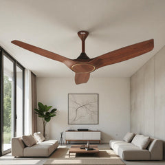 Qulik Aerovane 52 inch modern decorative ceiling fan featuring aerodynamically contoured silent ABS blades in a dark wooden finish.