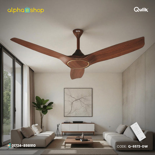 Qulik Aerovane 52 inch decorative ceiling fan with dark wooden finish ABS blades, remote control, and Alphaeshop branding code Q-6572-DW.