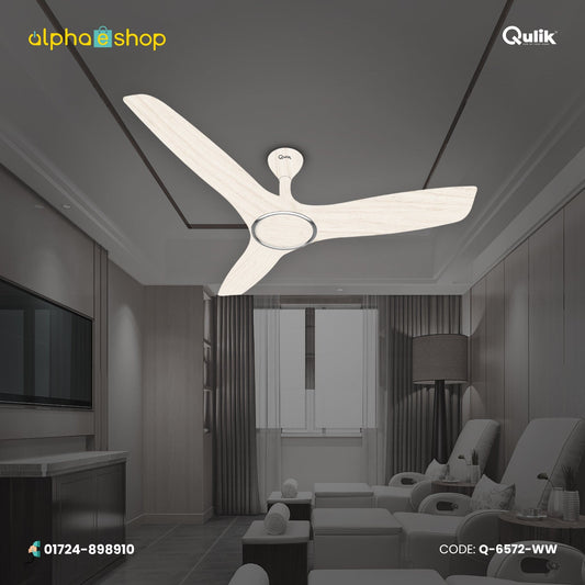 Qulik Aerovane 52" white wood ceiling fan featuring 3 silent aerodynamic ABS blades in a modern living space banner.