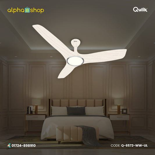 Qulik Aerovane 52" white wood ceiling fan from q-6572-ww-ul.jpg, featuring 3 silent aerodynamic ABS blades and an integrated LED underlight.