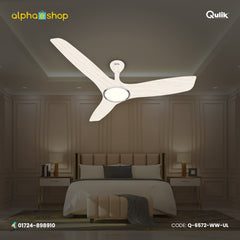 Qulik Aerovane 52" white wood ceiling fan from q-6572-ww-ul.jpg, featuring 3 silent aerodynamic ABS blades and an integrated LED underlight.