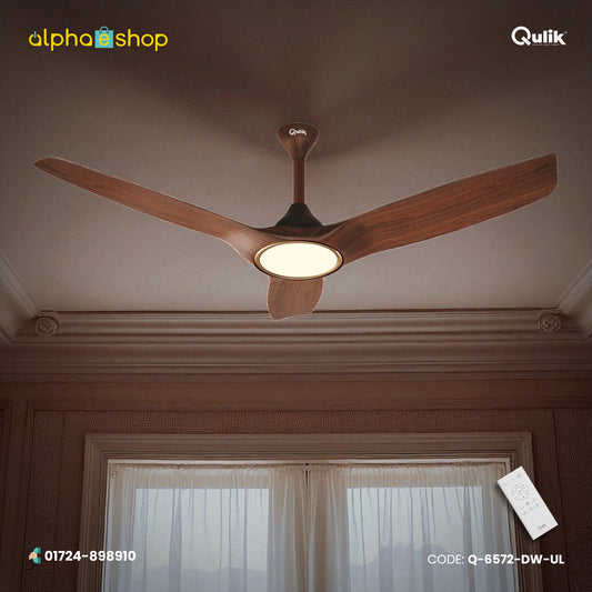 Qulik Aerovane 52" dark wooden ceiling fan from Q-6572-DW-UL (1).jpg, featuring 3 silent aerodynamic ABS blades, an illuminated underlight, and remote.