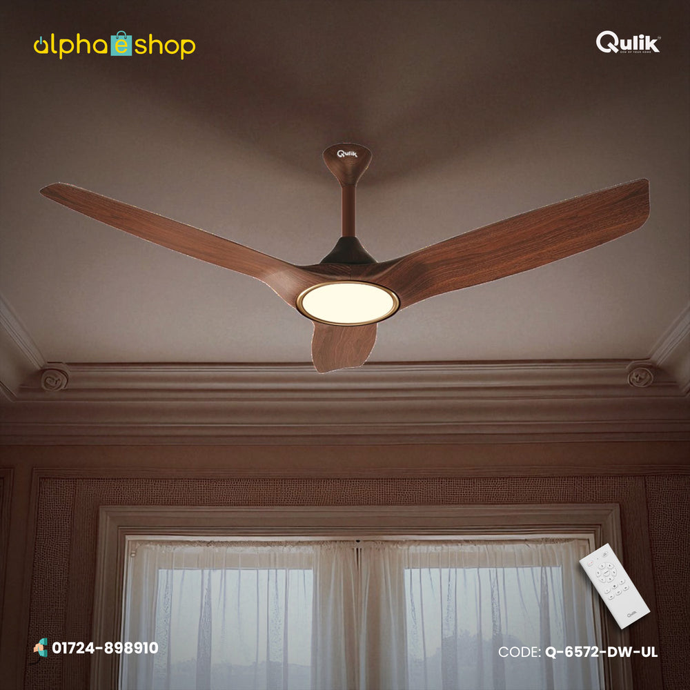 Qulik Aerovane 52" dark wooden ceiling fan from Q-6572-DW-UL (1).jpg, featuring 3 silent aerodynamic ABS blades, an illuminated underlight, and remote.