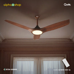 Qulik Aerovane 52" dark wooden ceiling fan from Q-6572-DW-UL (1).jpg, featuring 3 silent aerodynamic ABS blades, an illuminated underlight, and remote.