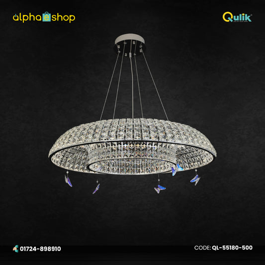 Qulik Allure circle crystal chandelier with layered crystal rings, silver finish and decorative butterfly accents.