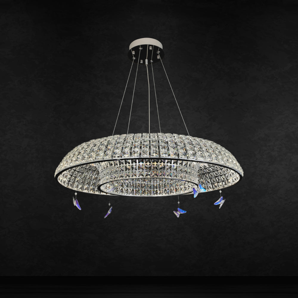 Qulik Allure circle crystal chandelier with layered crystal rings, silver finish and decorative butterfly accents.
