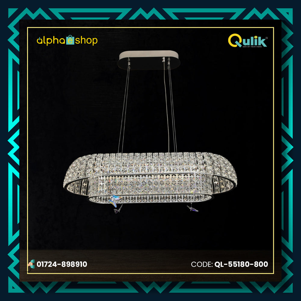 Qulik Allure crystal chandelier with layered oval crystal frame, silver finish and suspended pendant design.