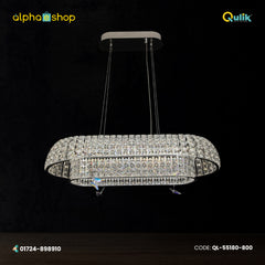 Qulik Allure crystal chandelier with layered oval crystal frame, silver finish and suspended pendant design.