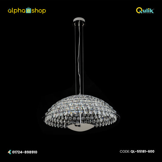 Qulik Allure crystal chandelier with dome-shaped layered crystal pendants, silver finish and suspended hanging design.