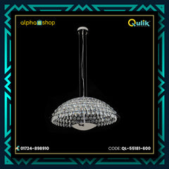 Qulik Allure crystal chandelier with dome-shaped layered crystal pendants, silver finish and suspended hanging design.