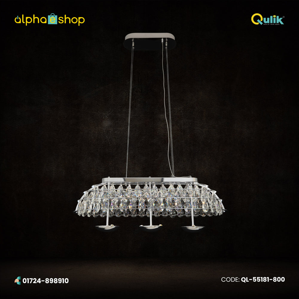 Qulik Allure crystal chandelier with silver finish, layered crystal pendants and suspended linear hanging design.