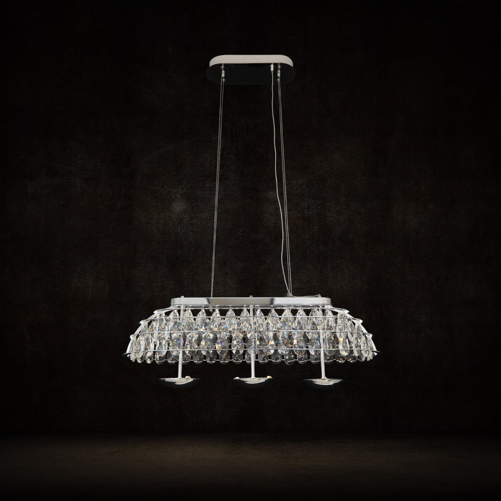 Qulik Allure crystal chandelier with silver finish, layered crystal pendants and suspended linear hanging design.