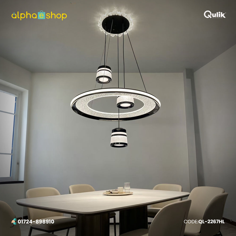 Qulik black crystal LED hanging light with an illuminated circular crystal ring, three cascading cylindrical pendants and black accents, model QL-2267HL.