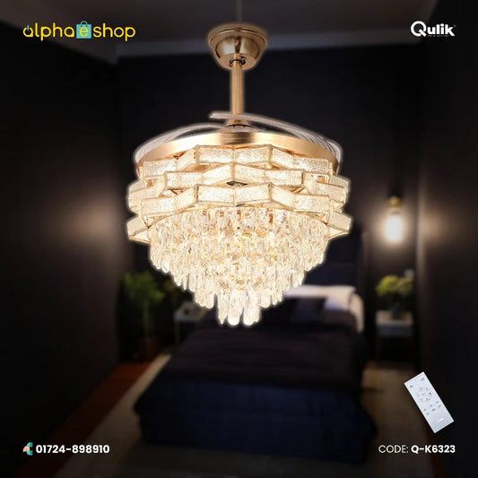 Qulik 48" crystal chandelier retractable invisible blade remote ceiling fan with 3 color change LED in Golden (Q-K6323).