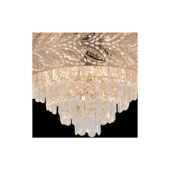 Close-up of crystal droplets and detailed golden frame on the Qulik 48" retractable blade chandelier ceiling fan (Q-K6351).