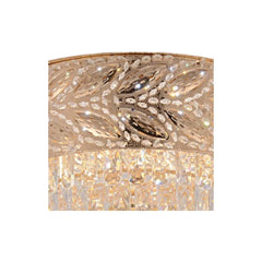 Macro detail of the ornate golden leaf pattern rim and crystal droplets on the Qulik 48" chandelier ceiling fan (Q-K6351).