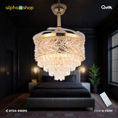 Qulik 48" crystal chandelier retractable invisible blade remote ceiling fan with 3 color change LED in Golden (Q-K6351).